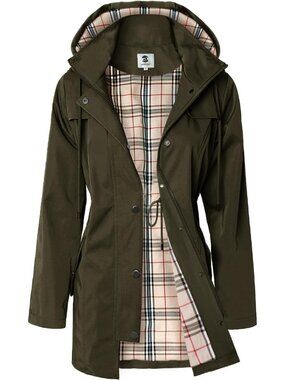 Women's Army Green Long Hooded Rain Jacket Outdoor Raincoat Windbreaker Coats